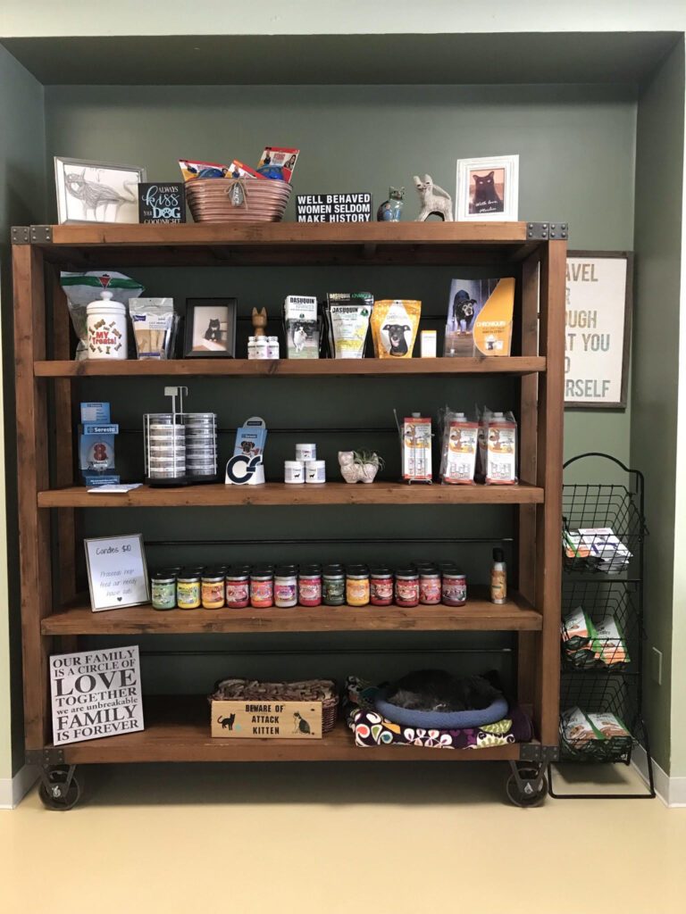 Clinic shelves with pet care products